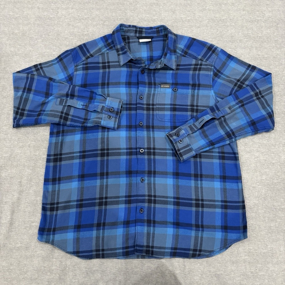 Columbia Cornell Woods Flannel Shirt Men XL Blue Plaid Stretch Button Up Outdoor